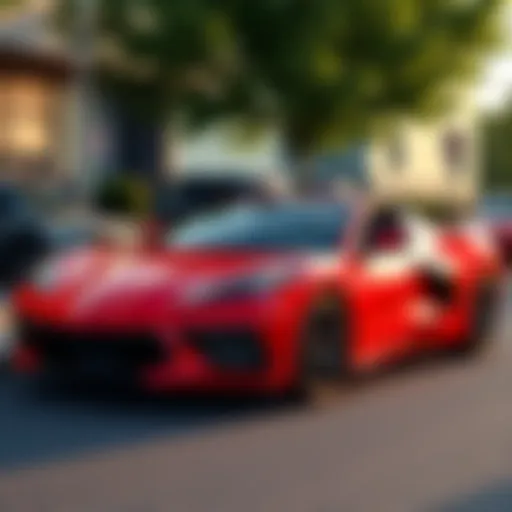 A pristine red 2023 Corvette C8 convertible parked, showcasing its sleek design and shiny exterior, with a 'For Sale' sign in the window.