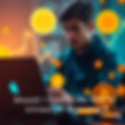 A young person looking at charts on a laptop with dollar signs and Bitcoin symbols around them