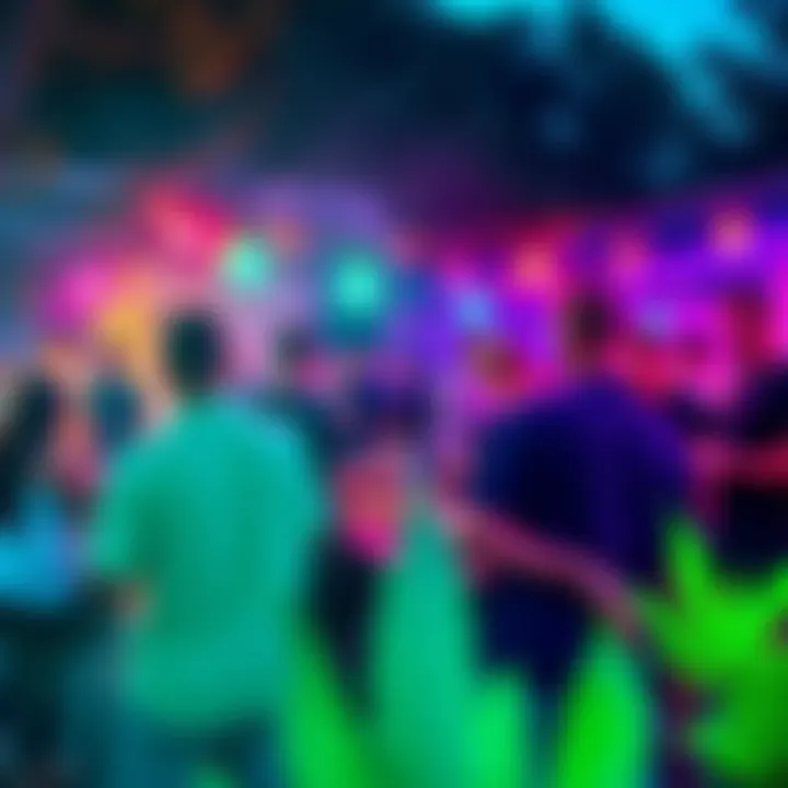 A vibrant outdoor gathering with people enjoying food, music, and cannabis-themed activities for 4/20 celebrations.