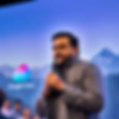 A.R. Rahman speaking at an event beside Google Cloud logo, with a backdrop of mountains symbolizing the Secret Mountain project