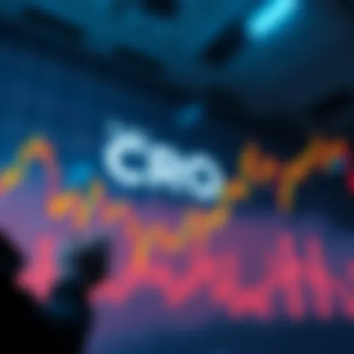 A chart showing the declining price of CRO altcoin reaching 8 cents, with frustrated investors in the background.