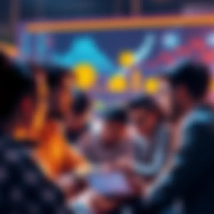 A group of people engaging in discussion about memecoins, with charts and tokens in the background.