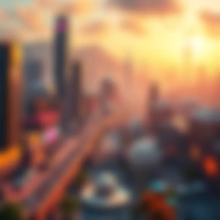 A futuristic city representing various metaverse projects with digital elements and fading symbols of older projects like SAND and MANA