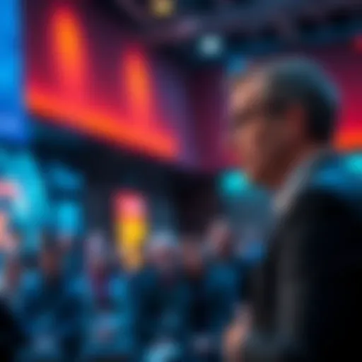 Adam Back speaking at a tech conference about the risks of quantum computing on Bitcoin, with a focused audience in the background.