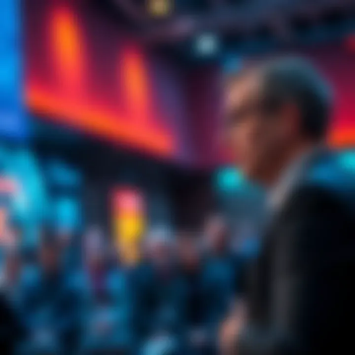 Adam Back speaking at a tech conference about the risks of quantum computing on Bitcoin, with a focused audience in the background.