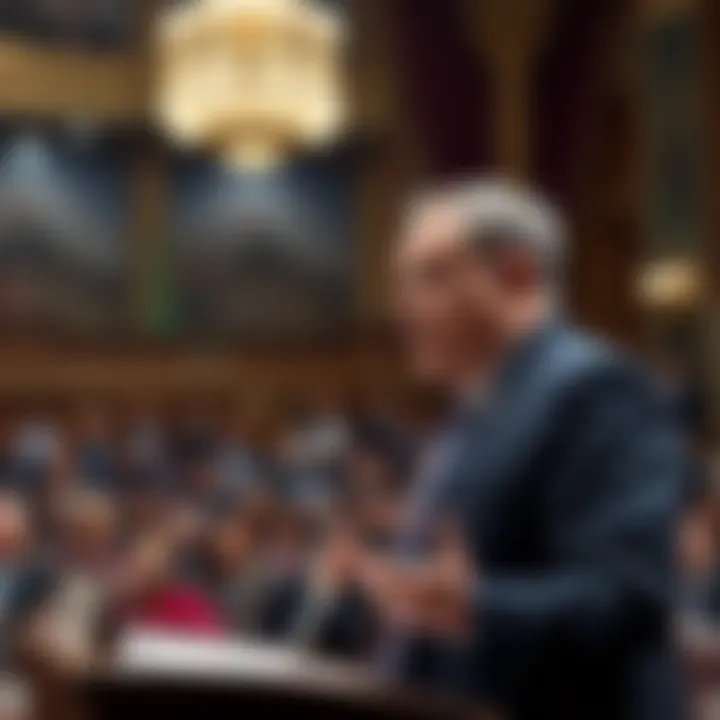 Representative Adam Schiff stands at a podium, making bold statements during a congressional session with an engaged audience in the background.