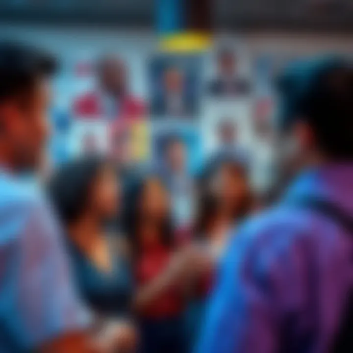 People discussing their feelings about public figures in a lively conversation, with political posters in the background