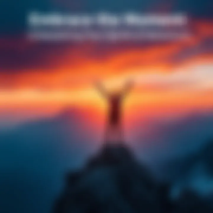 Adventure Spirit A person standing on a mountain peak, arms raised in celebration, with a sunrise in the background.