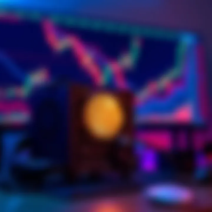 A compact Bitcoin miner setup on a desk with a cryptocurrency chart in the background.