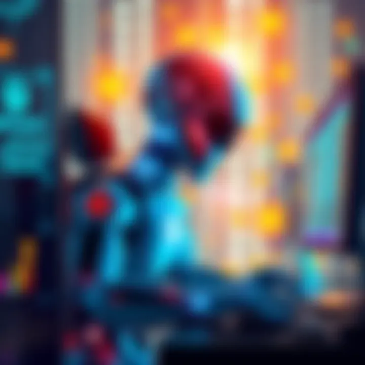 An AI agent depicted as a digital figure operating a computer, with mining graphics and cryptocurrency symbols surrounding it.