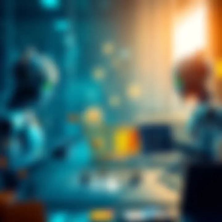 An illustration of AI technology facilitating online purchases without human help, featuring digital shopping elements such as a shopping cart and payment icons.