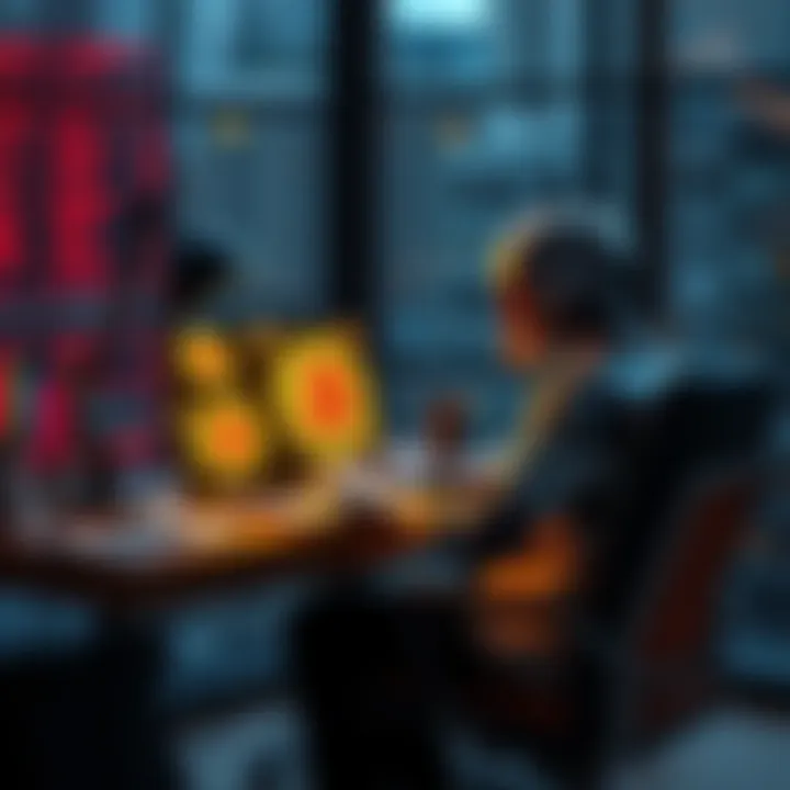 A person sitting at a desk, using a laptop with Bitcoin symbols on the screen and a robot figure beside them, representing the reliance on technology for validating cryptocurrencies.