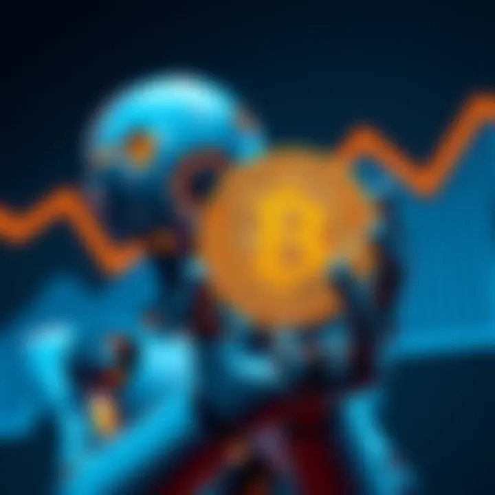 A robot holding a Bitcoin symbol with a downward trend line in the background, illustrating the challenge AI poses to Bitcoin's value.