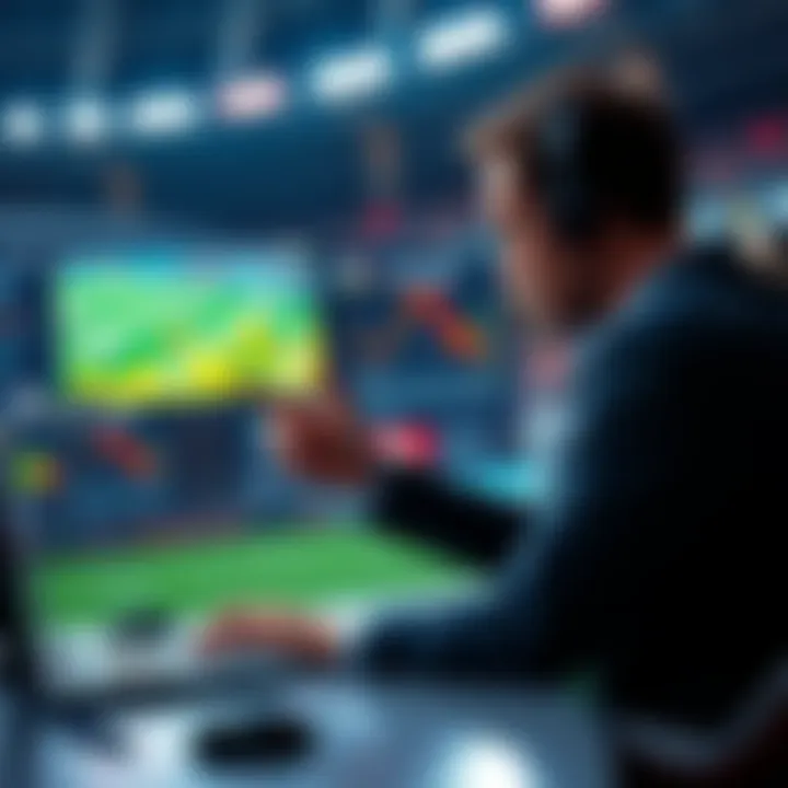 An AI coach analyzing football performance trends during a match, showing data and predictions on a screen.