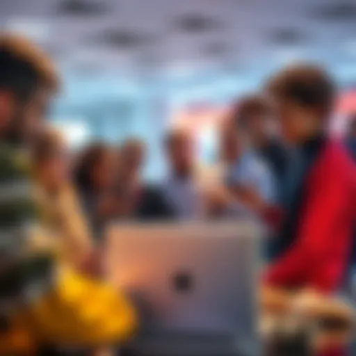 AI Content Discussion A group of diverse people engaging in a lively discussion about AI-generated content on a forum, with laptops and mobile devices in hand.