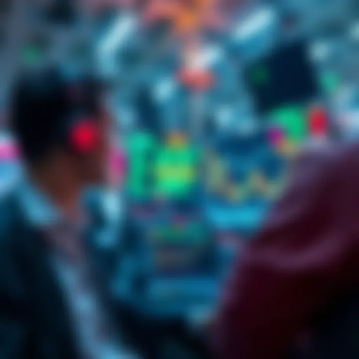 A graphic showing AI technology assisting traders in a busy financial market, with charts and data on screens