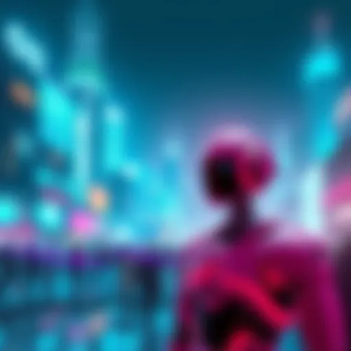 A futuristic city with robots and people working together, symbolizing AI's impact on society and industry.