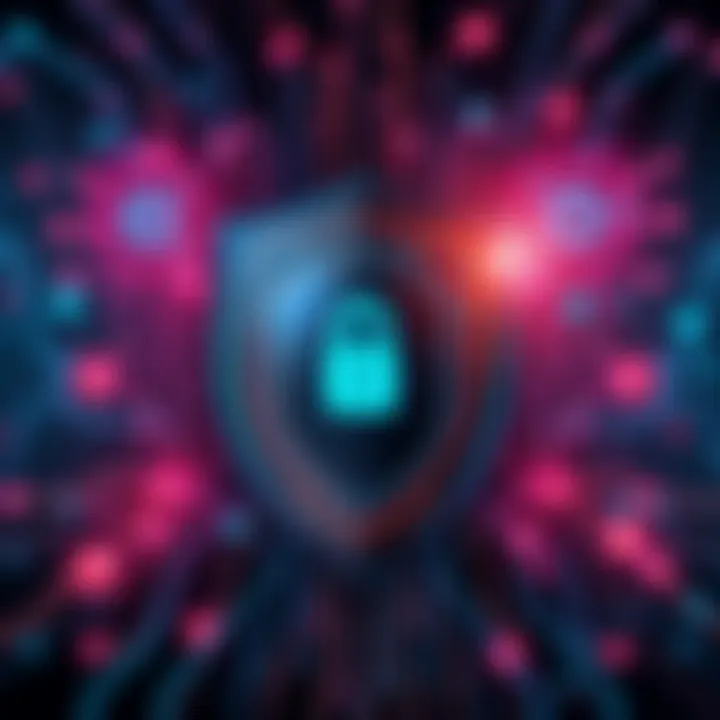 A visual representation of AI technology securing identity verification, featuring a shield symbolizing privacy with interconnected digital elements, showcasing the concept of safe online interactions...