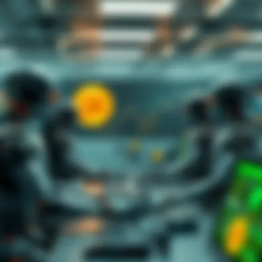 A futuristic scene of robots working in an office, with Bitcoin symbols displayed on screens.