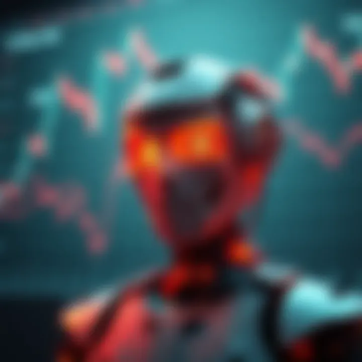 A visual representation of artificial intelligence grappling with fluctuating cryptocurrency prices, showing charts with ups and downs, and a robotic figure looking puzzled
