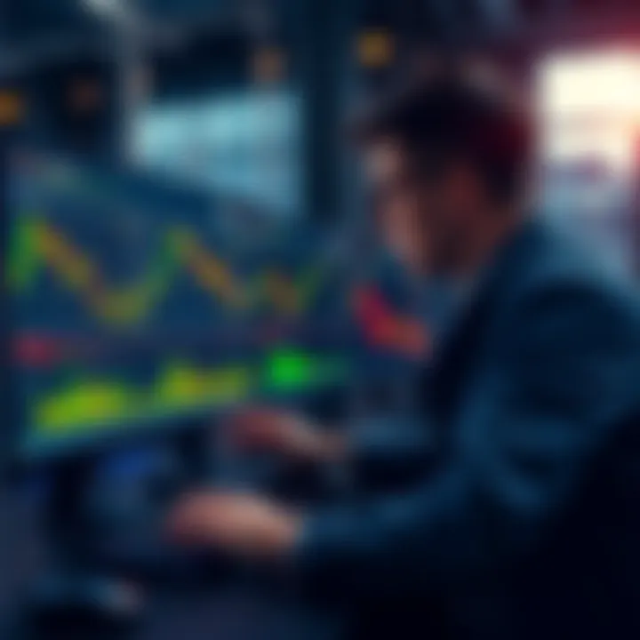 AI assisting in trading decisions A person analyzing stock charts on a computer with an AI interface, highlighting important details in trading strategies