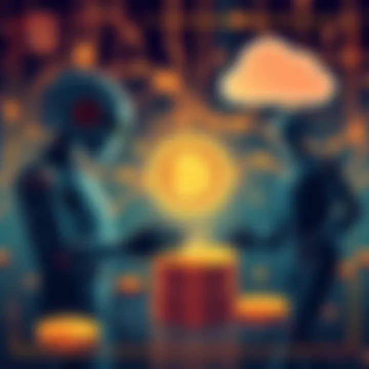 An illustration of AI agents exchanging cryptocurrency for business services, showing digital coins and cloud symbols.