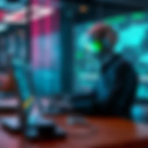 A software engineer using AI tools on a laptop while studying blockchain concepts, with smart contracts displayed on the screen.