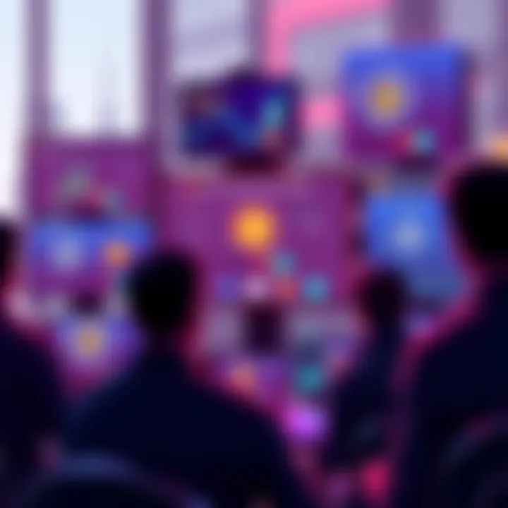 A group of people testing the Ainexa Early Bird AI Crypto agent on multiple screens, showing various crypto networks like Bitcoin and Solana, with icons for swapping, staking, and lending.