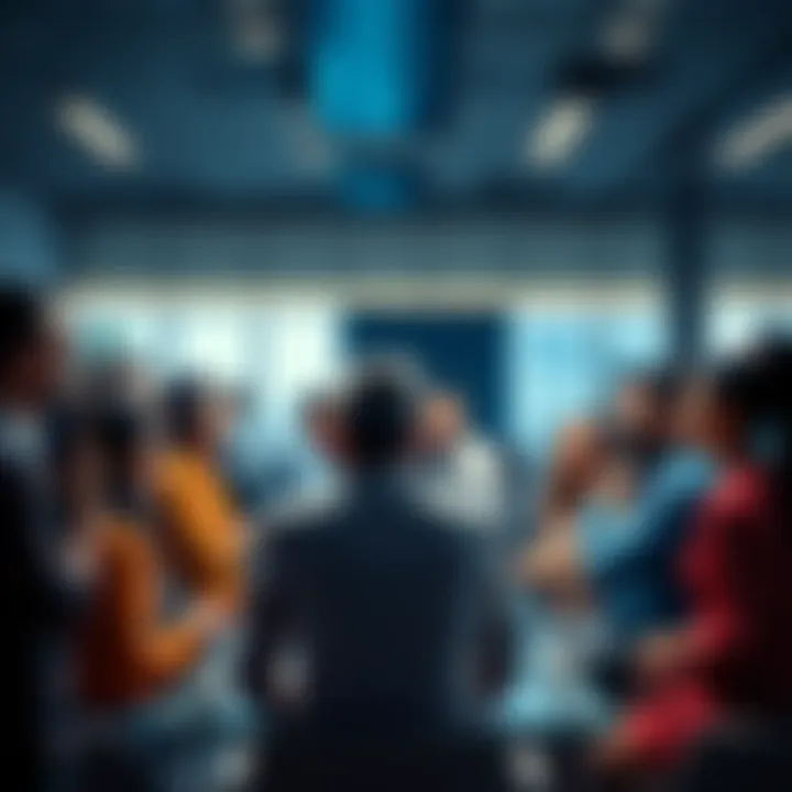 A group of diverse people discussing and celebrating Akash Network developments in a modern office setting.