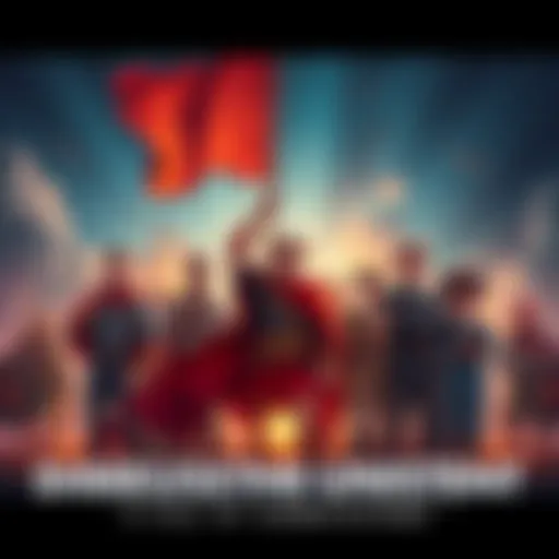 A diverse group of people joining forces under the banner of Dimeous the Consistent, symbolizing teamwork and collaboration