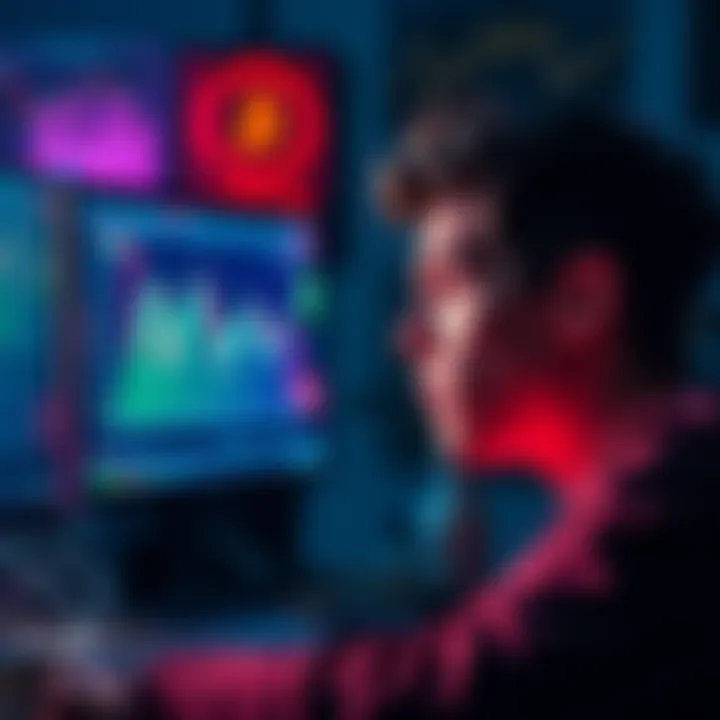 A worried person looking at a computer screen showing a declining cryptocurrency market graph