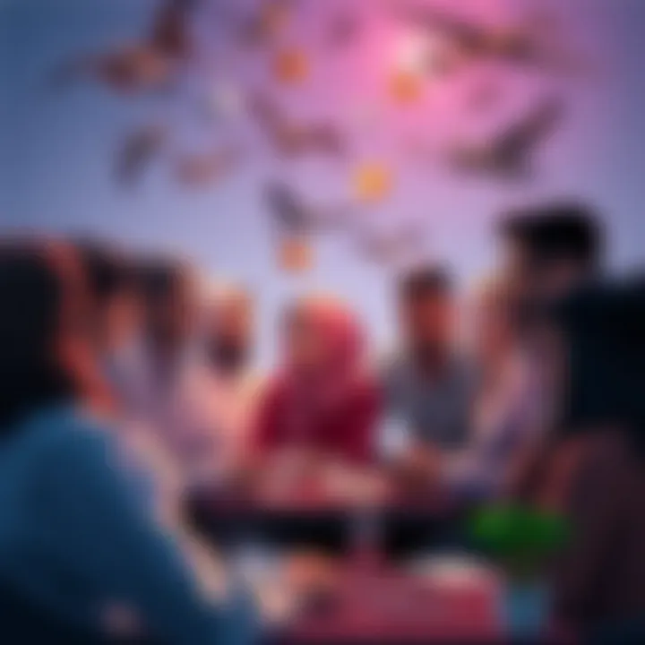 A group of diverse people discussing various investment options like real estate, stocks, and art, with visual representations around them.