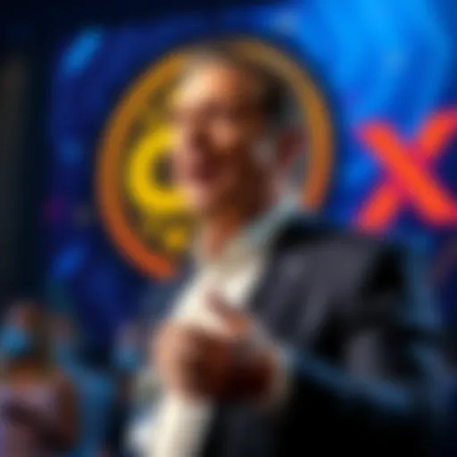 Former Governor Andrew Cuomo standing in front of a OKX logo, discussing blockchain technology with an audience.