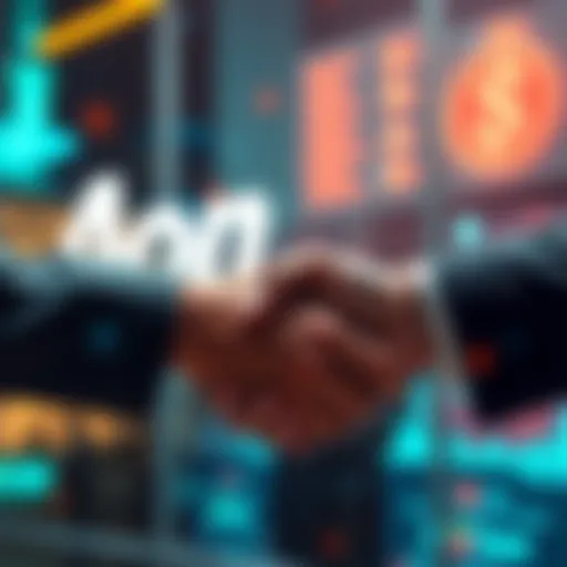 Aon logo with digital currency symbols and a handshake, representing the partnership with Paxos and Coinbase for insurance payments