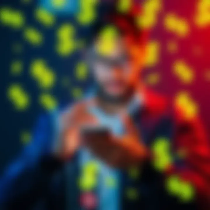 A graphic showing a person holding a smartphone with dollar signs surrounding them, symbolizing app development profits and user spending.