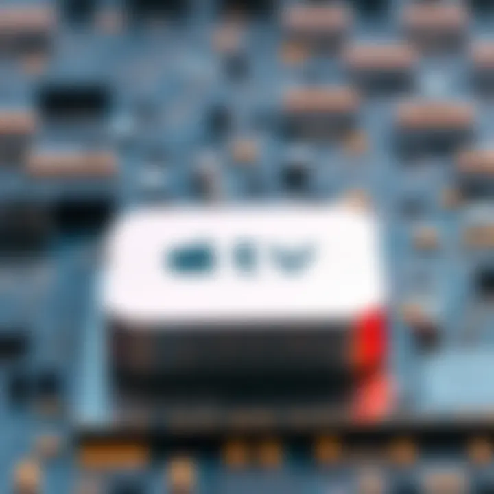 Apple TV new chip concept A digital representation of an Apple TV device next to a computer chip, highlighting upcoming technology advancements.
