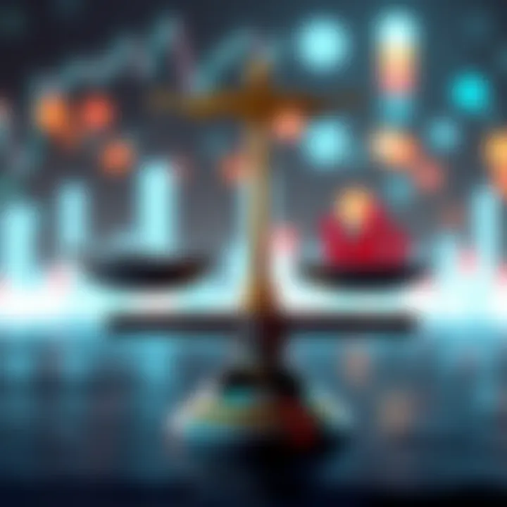 Graphic showing a balance scale with money on one side and market trend graphs on the other, illustrating arbitrage during market downturns.