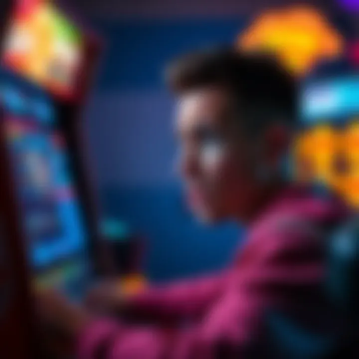 A player looking frustrated while playing an arcade game, showing a screen displaying reduced rewards after completing levels.