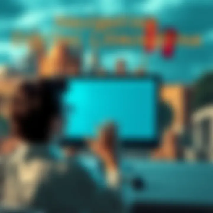 A symbolic representation of digital restrictions in Argentina, featuring a person looking frustrated at a computer screen, with a backdrop of iconic Argentine landmarks. The image captures the tension between technology and freedom.