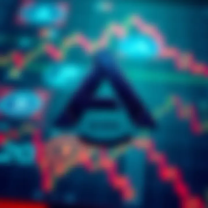 A close-up of Cathie Wood's ARK Invest logo overlaid on a graphic of cryptocurrency icons and declining stock charts.