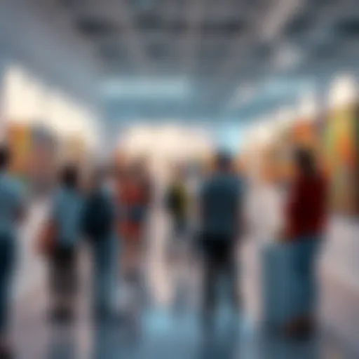 A vibrant art exhibition showcasing diverse artworks and engaged visitors interacting with artists and their pieces.