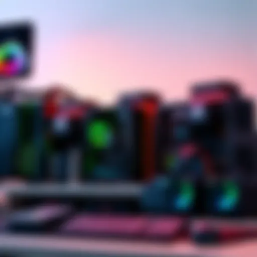 A collection of ASIC mining rigs set up on a desk, showing their hardware components in detail, highlighting technology used in cryptocurrency mining.