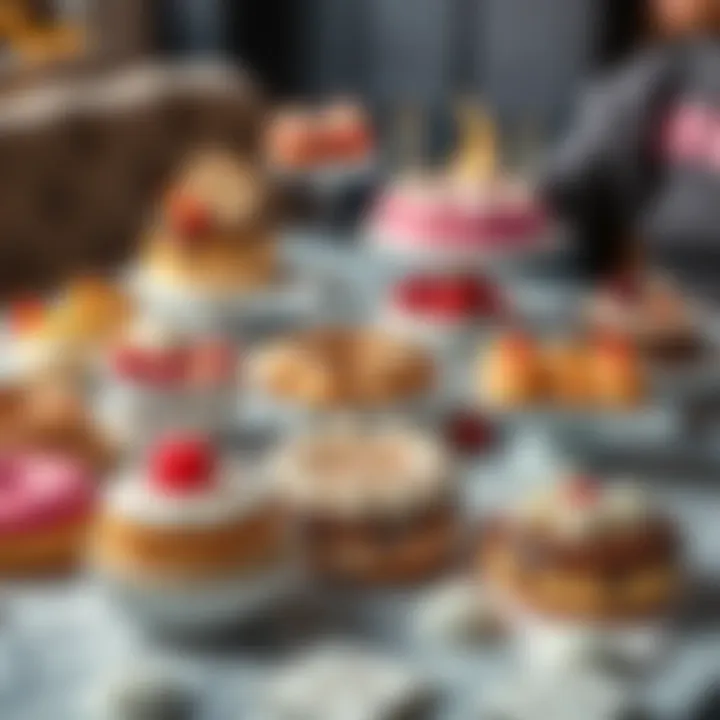 A colorful display of different desserts including donuts, cakes, and pastries arranged on a table