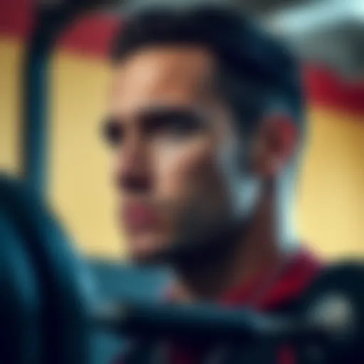 A thoughtful athlete looking at a weightlifting bar, symbolizing the struggle with integrity and steroid abuse in sports.