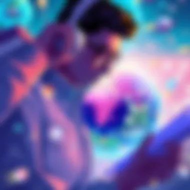 Concept image of Atlas Earth revenue An illustration showing a person exploring Atlas Earth as a game and revenue source, with graphics of cash and virtual land.