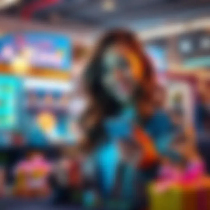 A person happily using the Atoshi app on a smartphone, showcasing task completion and rewards like coins and gift boxes, in a colorful, engaging environment.