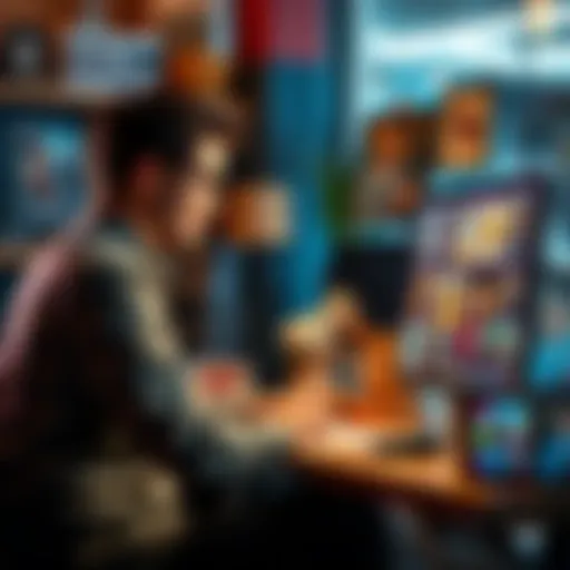 A person listing items for auction on a computer, showcasing various goods like collectibles and art pieces.