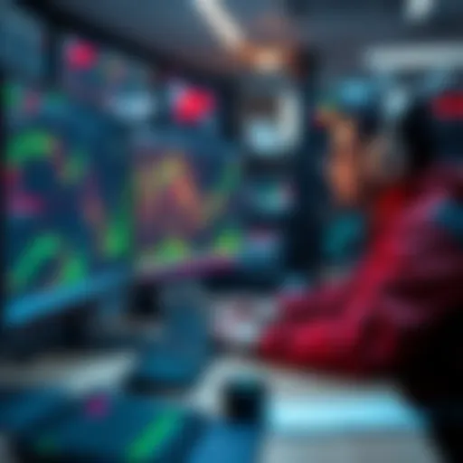A trader at a computer setting up automated trading software with graphs and indicators on the screen.