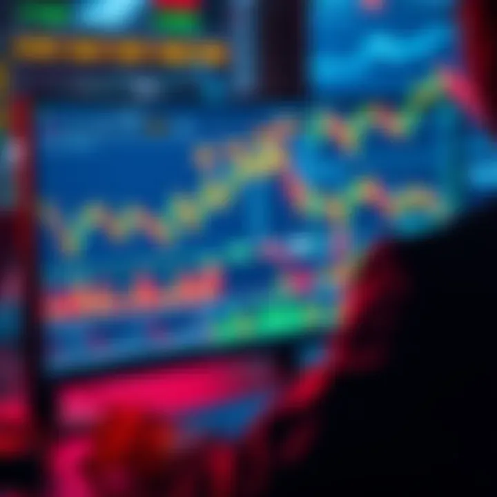 A graphic showing a person analyzing trade data on a computer screen with charts and graphs