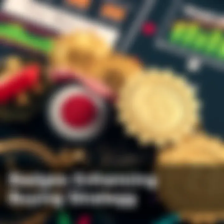 A collection of various badges representing benefits in buying strategies, with an investment theme in the background.